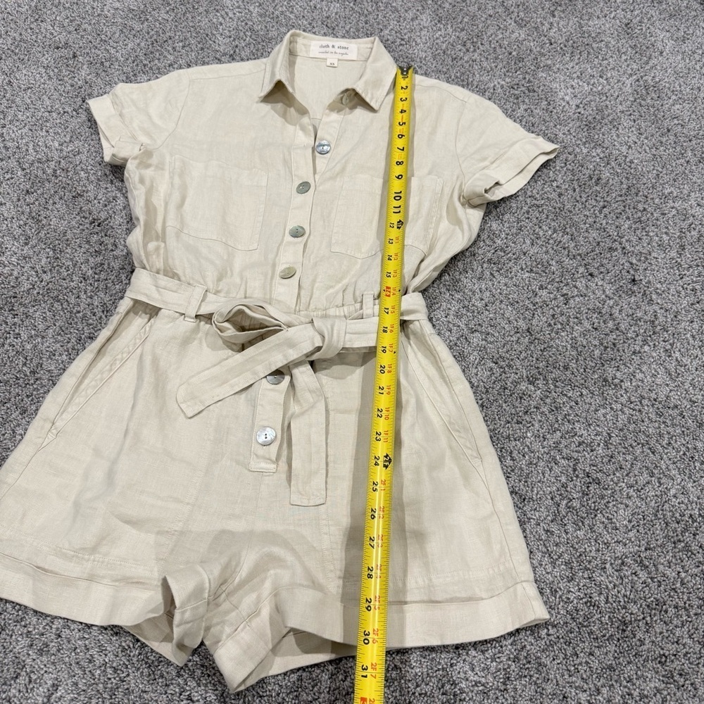 Cloth & Stone Oatmeal 100% Linen Roll Hem Elastic Waist Utility Romper Women XS - Picture 5 of 13